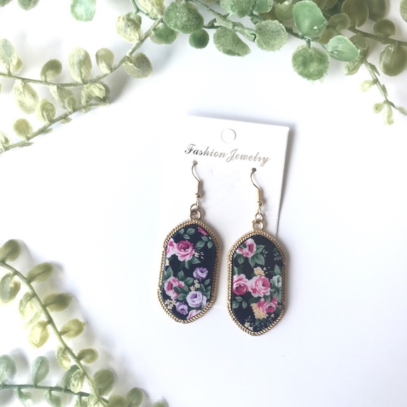 Jewelry - floral earrings gold black pink lightweight